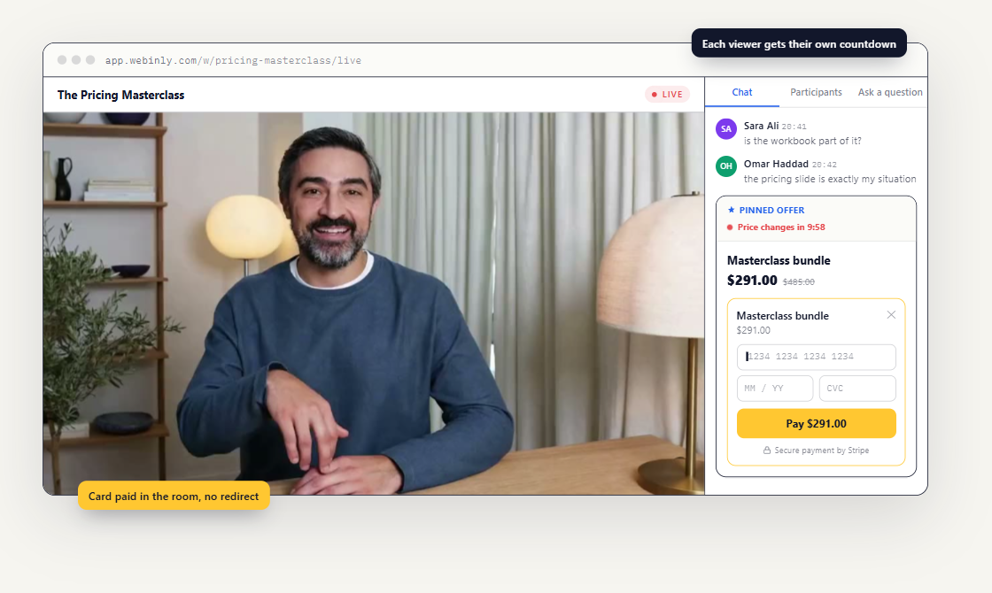 بطاقة عرض داخل غرفة الويبينار في Webinly مع سعر مخفّض وعدّ تنازلي