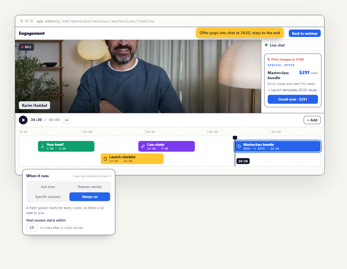 الخط الزمني للويبينار المؤتمت في Webinly مع بطاقة العرض في دقيقة محددة